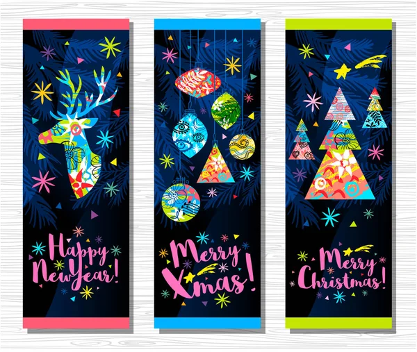 Felice anno nuovo, Buon Natale, Noel saluto citazione segno lettering banner. ramo albero di Natale colorato decorazione fiocchi di neve stelle cervo ornamento modello . — Vettoriale Stock