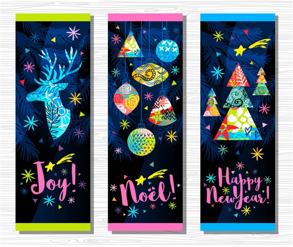 Felice anno nuovo, Buon Natale, Noel saluto citazione segno lettering banner. ramo albero di Natale colorato decorazione fiocchi di neve stelle cervo ornamento modello . — Vettoriale Stock