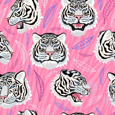 Kusursuz desen. Beyaz kaplan kafası renkli ormanda vahşi kedi gibi kükrer. Yağmur ormanlarının tropik yaprakları. Moda tekstili, kumaş. Kaplan çizgileri vektör karakteri çizimi