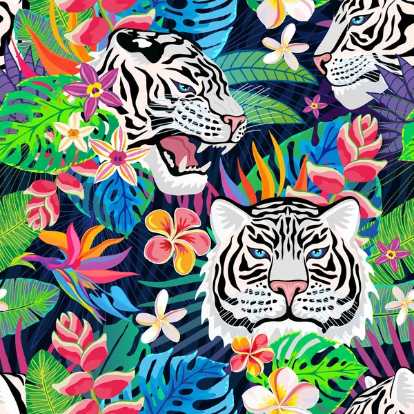 シームレスなパターン。カラフルなジャングルの中で白い虎の頭轟音野生の猫。熱帯雨林の葉の背景。ファッションテキスタイル、ファブリック。タイガーストライプベクトルキャラクターアートイラスト — ストックベクタ