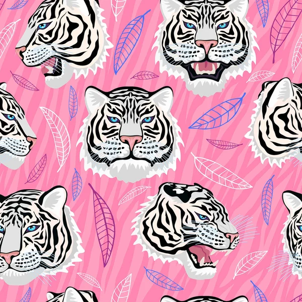 Seamless pattern. White tiger head roar wild cat in colorful jungle. Rainforest tropical leaves background. Fashion textile, fabric. Tiger stripes vector character art illustration