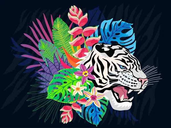カラフルなジャングルの中で白い虎の頭野生の猫。熱帯雨林の背景図面を残します。ピンクの虎の縞ベクトルキャラクターアートイラスト — ストックベクタ