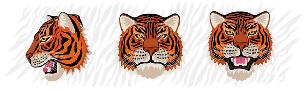 カラフルなジャングルの中で白い虎の頭轟音野生の猫。タイガーストライプの背景画。作画ベクトルキャラクターアートイラスト — ストックベクタ