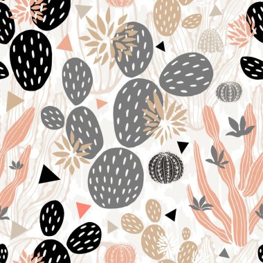 Kaktüsler vahşi, dikişsiz desenli çiçekleri suluboya renkli parlak koleksiyonları sulandırır. Kaktüs güzel moda kumaş deseni.