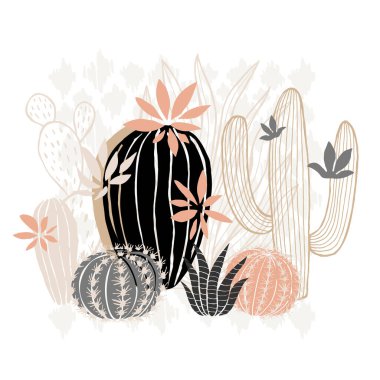 Kaktüs sulu yaban gülü çiçekleri yumuşak pembe kahverengi pastel renkler suluboya. Vahşi, güzel, sulu kaktüsler koleksiyonu. Vektör illüstrasyonu