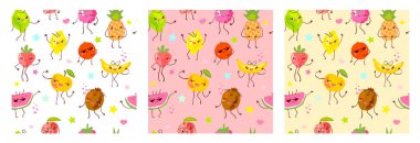 Kusursuz desenli sevimli meyve karakterleri. Çocuk stili, çilek, ahududu, karpuz, limon, muz renginde arka plan. Kawaii emojisi, karakterler, gülümseme vektörü çizimi