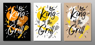 King Grill yemek posterinden alıntı yaptı. Yemek pişirme, mutfak, barbekü, balta, çatal, bıçak, usta aşçı. Mektup, el yazısı posteri, tebeşir, karatahta, taslak tarzı. Vektör illüstrasyonu