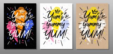 Lezzetli, yemek afişi. Yaz, dondurma, tatlı, waffle külahı, tatlı. Mektup, el yazısı posteri, karatahta, taslak tarzı. Vektör illüstrasyonu