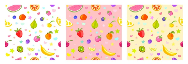 Seamless pattern cute fruits, stars, hearts. Child style, strawberry, raspberry, watermelon, lemon on white, pastel yellow, pink background. Simple clipart elements. Vector illustration — Stock Vector