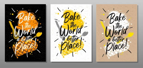 Bake, e 'meglio che citi poster. Cucina, culinaria, cucina, utensili, cappello, cuore. Letteratura, calligrafia poster, gesso, lavagna, stile schizzo. Illustrazione vettoriale — Vettoriale Stock