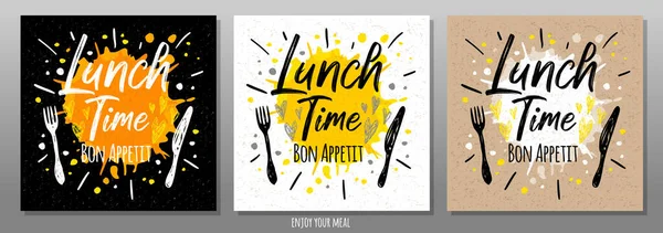 Almoço Bon Appetit, desfrutar de sua refeição, citação, frase, cartaz de comida, respingo, garfo, faca. Lettering, sketch doodle style, sign Para menu, café, restaurante, almoço, café da manhã. Ilustração vetorial — Vetor de Stock