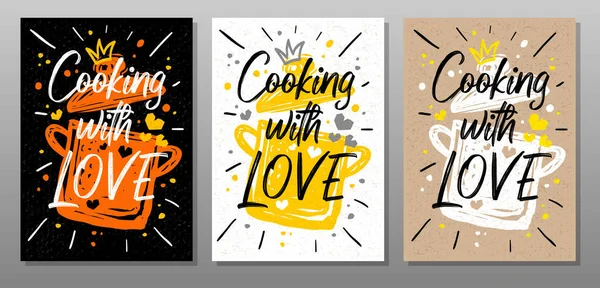 Cocking avec l'amour citation affiche de nourriture. Cuisine, cuisine, cuisine, impression, ustensiles, soupe, casserole, cœur, maître chef. Lettrage, affiche de calligraphie, craie, tableau. Illustration vectorielle — Image vectorielle