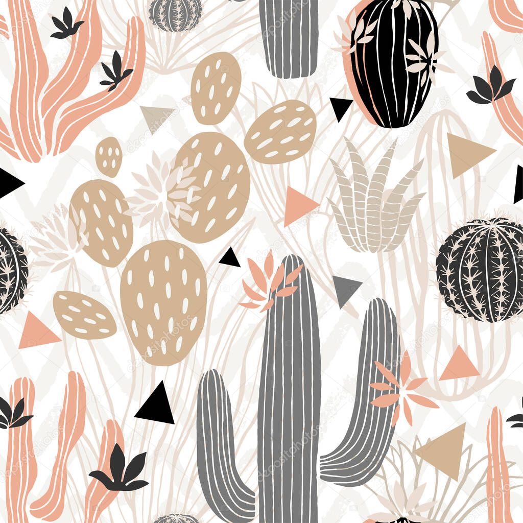 Cactuses succulents wild seamless pattern flowers colorful watercolor bright collections. Cacti beautiful trendy fashion fabric pattern.