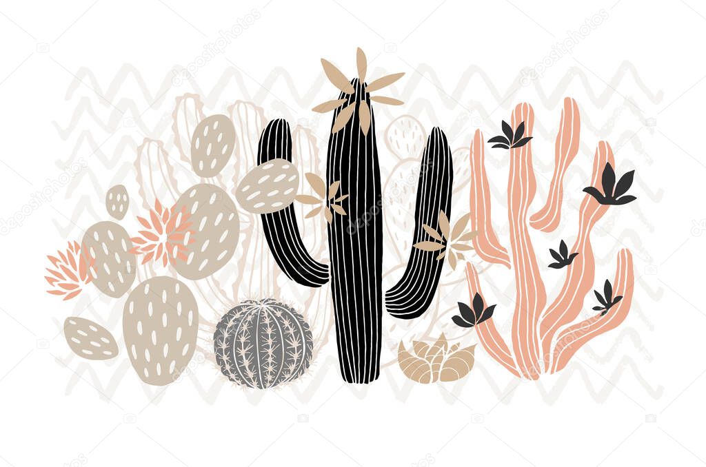 Cactus succulent wild rose flowers tender pink brown pastel color watercolor. Wild beautiful cacti succulents collection. Vector illustration