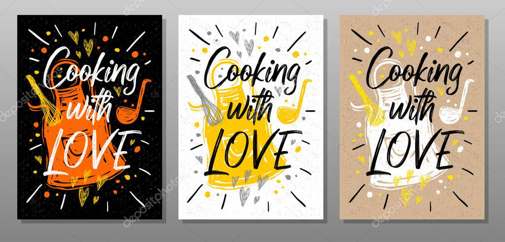Cooking with love, quote phrase food poster. Cooking, culinary, kitchen, print, utensils, cutting board, heart, master chef. Lettering, calligraphy poster chalk chalkboard sketch Vector illustration