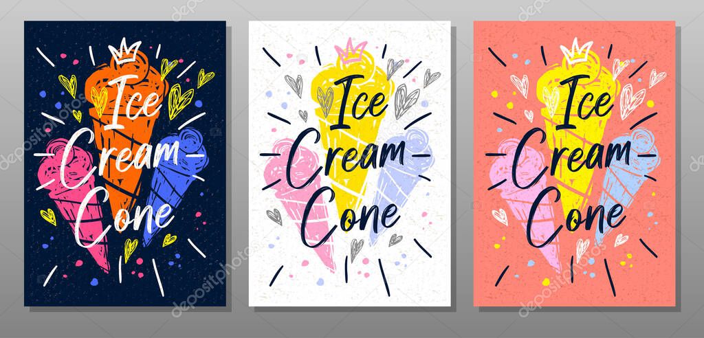 Ice cream cone, quote food poster. Summer, ice cream, sweet, waffle cone, dessert. Lettering, calligraphy poster, chalkboard sign sketch style Vector illustration