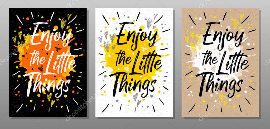 Enjoy the Little Things, quote phrase text poster. Motivation, incentive, splash, love, hearts, drops, rays. Lettering, calligraphy poster chalk chalkboard sketch Vector illustration