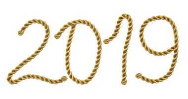 Mutlu yeni yıl 2019. Altın parlak ip. Tatil öğe web, kartları, takvim, poster, afiş, bir partisine davet için tasarım. Kırpma yolları tasarruf.