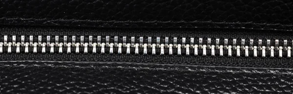 Metalen Rits Zwart Lederen Textuur Close — Stockfoto