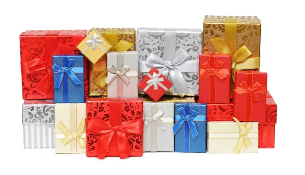 Cajas Colores Con Regalos Atados Lazos Aislados Sobre Fondo Blanco — Foto de Stock