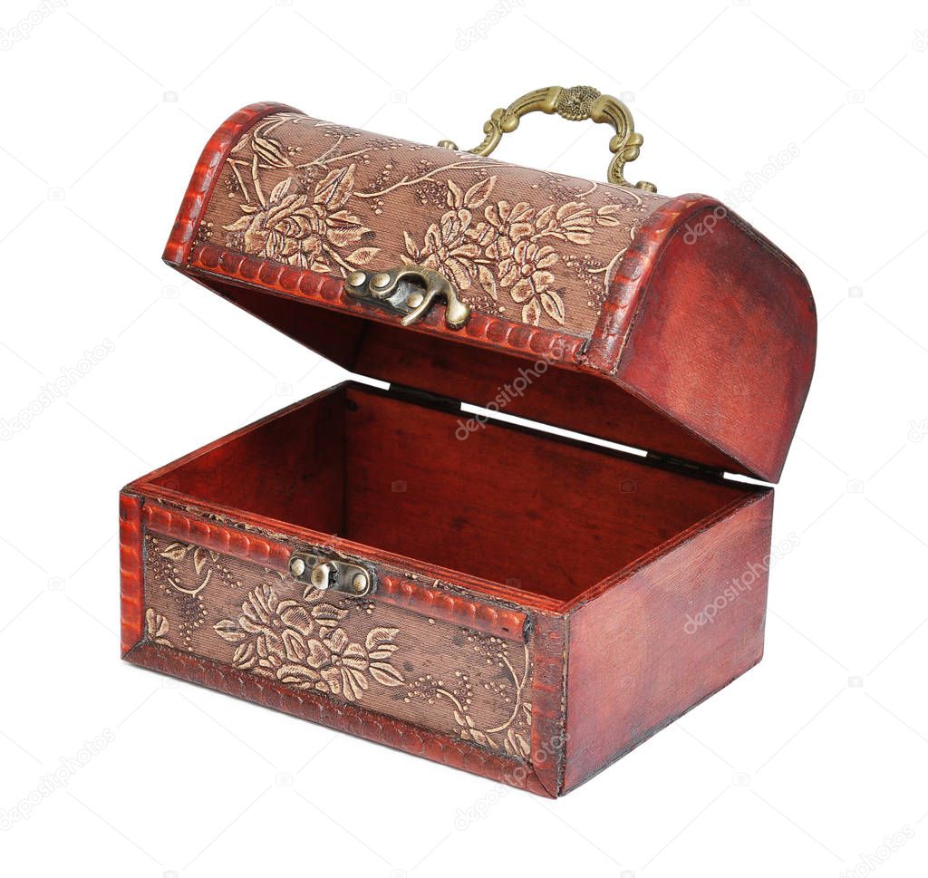 Vintage jewellery box with lock isolated on white background. Saving clipping paths. 