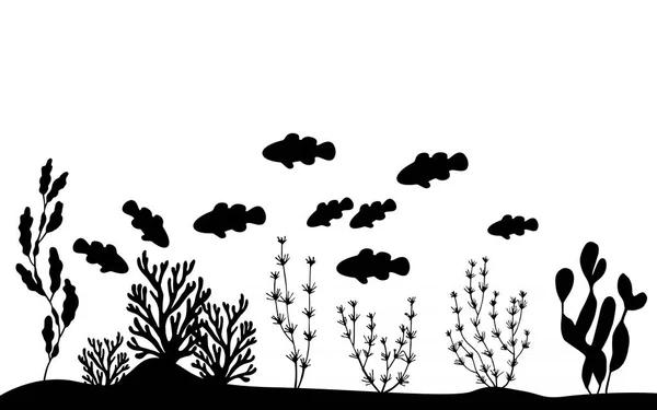 Poissons Aquarium Flottant Près Des Algues Silhouette Vectorielle — Image vectorielle