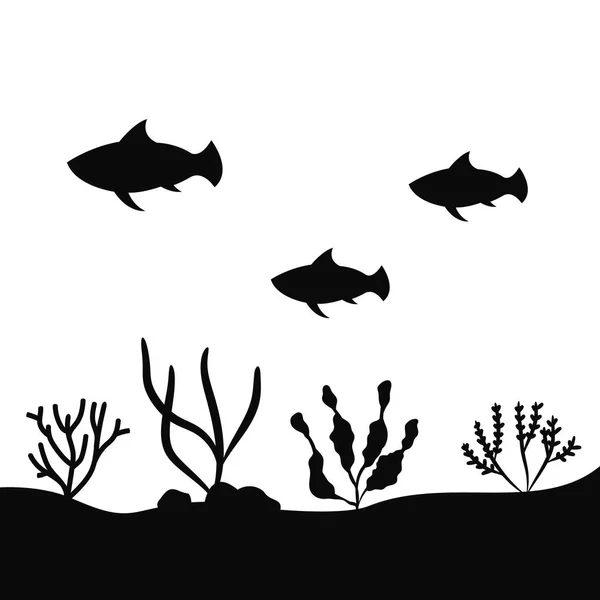 Aquarium Fishes Floating Seaweed Vector Silhouette — Stock Vector