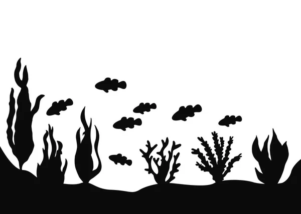 Peces Acuario Flotando Cerca Algas Marinas Silueta Vectorial — Vector de stock