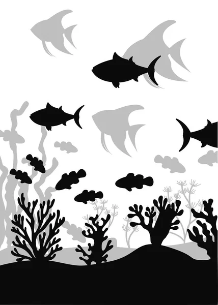 Poissons Aquarium Flottant Près Des Algues Silhouette Vectorielle — Image vectorielle