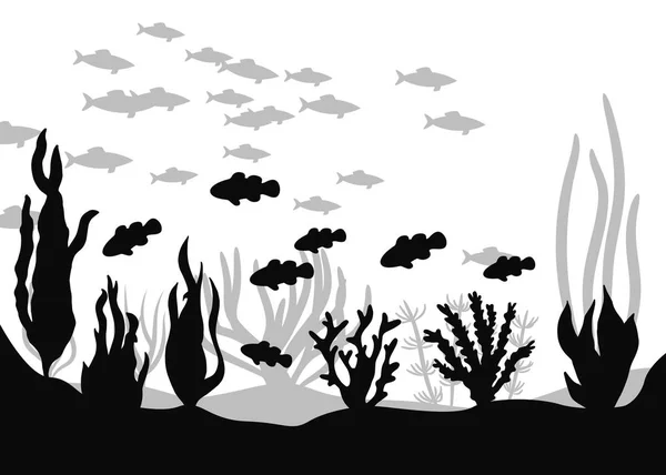 漂浮在海藻附近的水族馆鱼 向量剪影 — 图库矢量图片