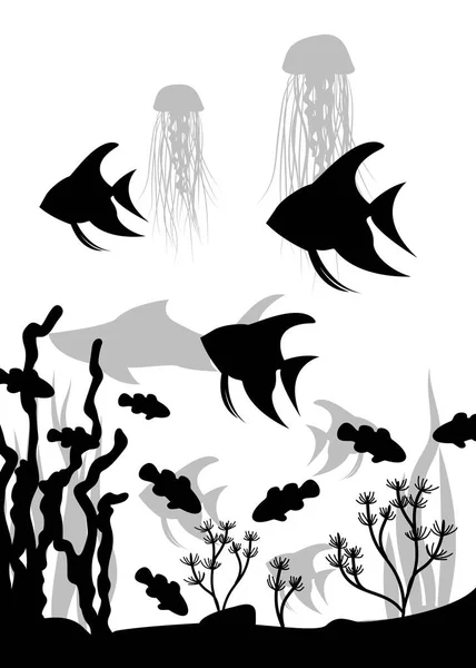 Poissons Aquarium Flottant Près Des Algues Silhouette Vectorielle — Image vectorielle