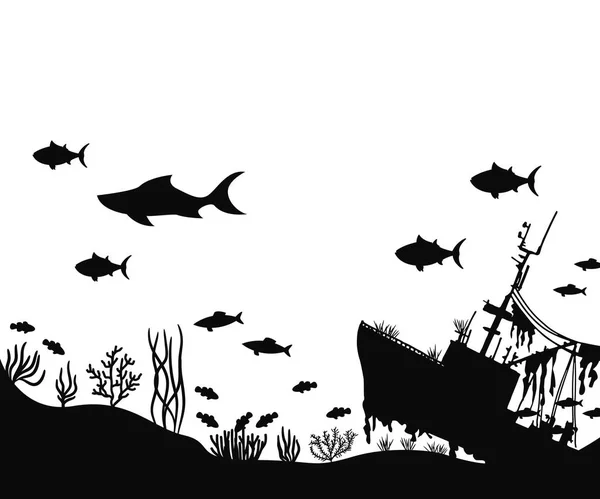 Аквариумные Рыбы Плавают Рядом Водорослями Векторный Силуэт — стоковый вектор