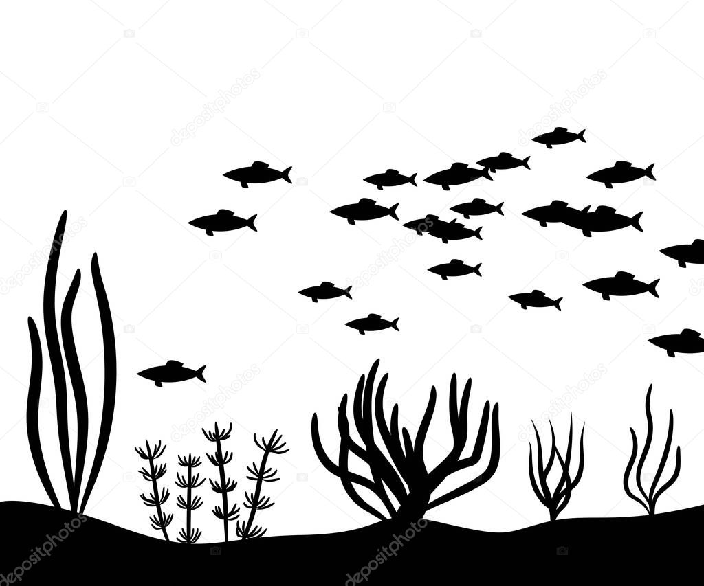 Aquarium fishes floating near seaweed. Vector silhouette