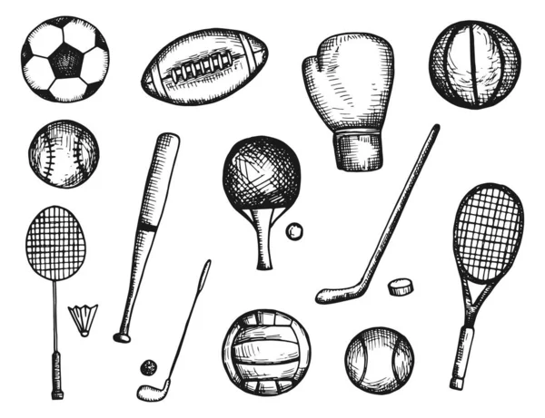 Équipements Sportifs Balles Raquettes Croquis Vectoriel Icônes Silhouette Isolée — Image vectorielle