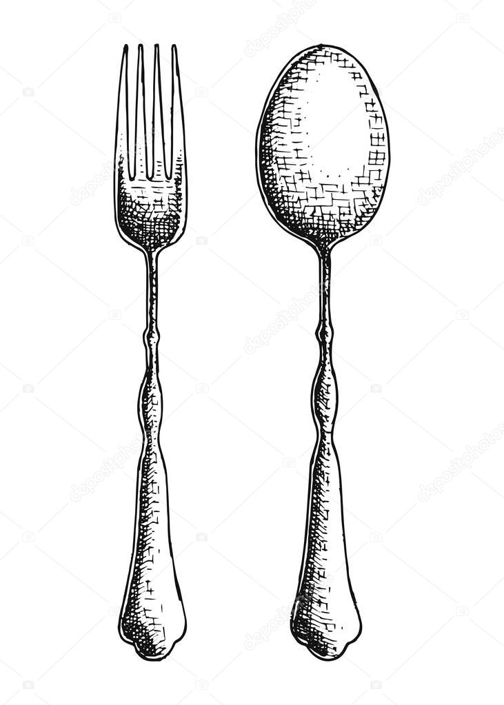 cutlery of isolated objects, handdrawn