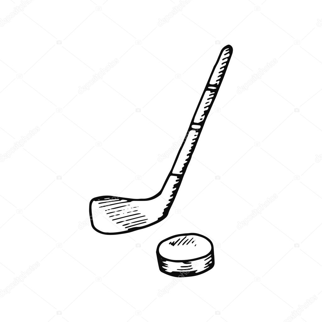 Hockey stick and puck icon. sketch isolated object.