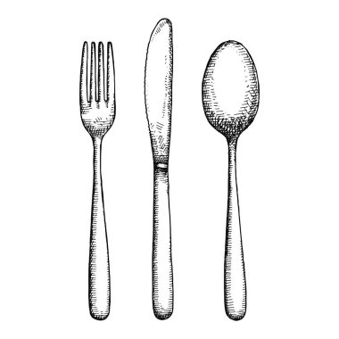 cutlery hand drawing vector. isolated spoon fork and knife. clipart