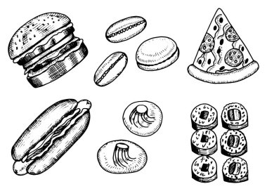 Gıda tatlılar ve fastfood simgeler kümesi. izole nesneleri.