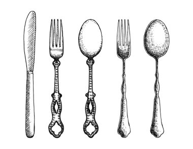 izole nesneleri, handdrawn çatal bıçak takımı