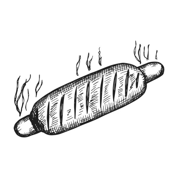 Hotdog Met Worst Gebakken Vector Schets Pictogram — Stockvector