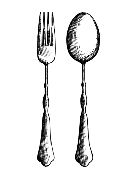 餐具勺子和叉子素描 在隔离中绘制 — 图库矢量图片