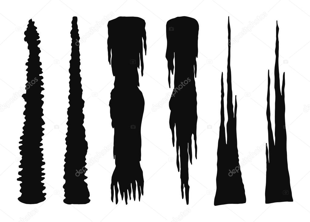 set of stalactites in cave isolated on white background, vector, illustration