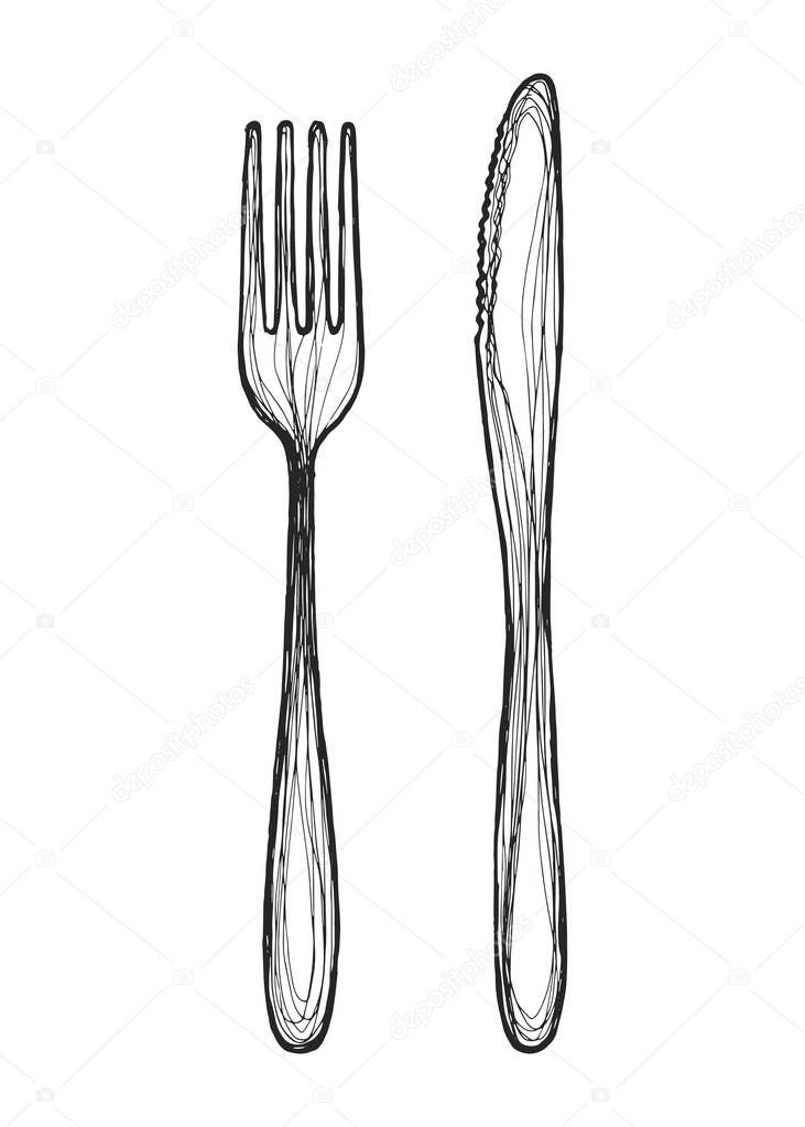 cutlery of isolated objects, handdrawn
