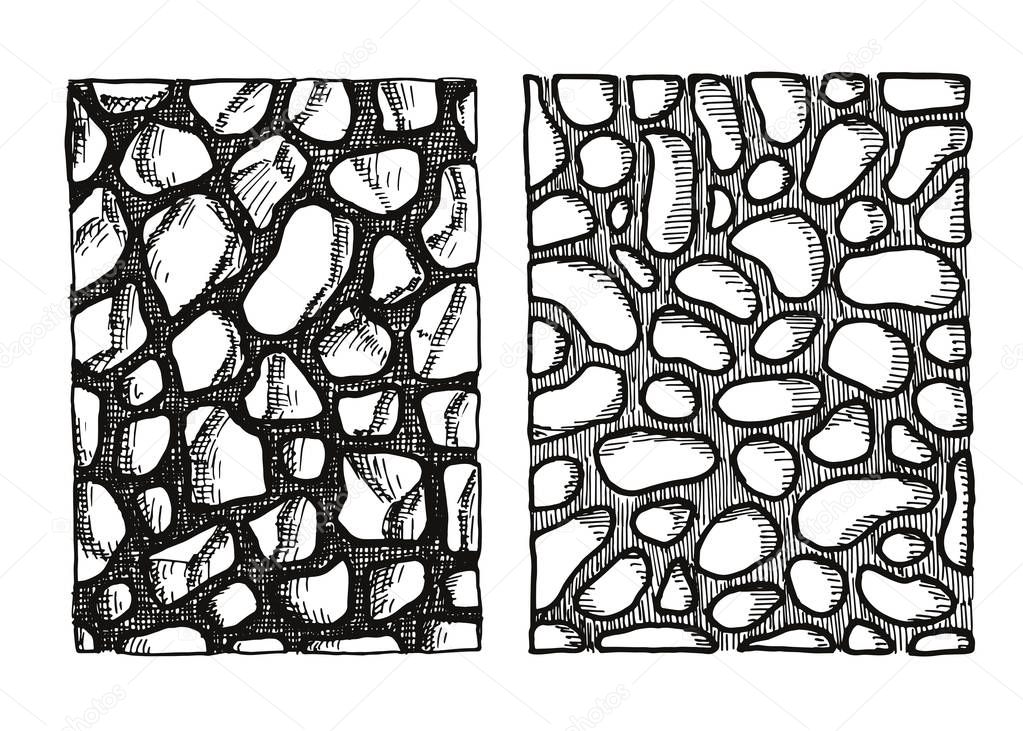 Texture of stones. wall from bricks set vector. paved flat stone surfaces. hand drawing insulated set.