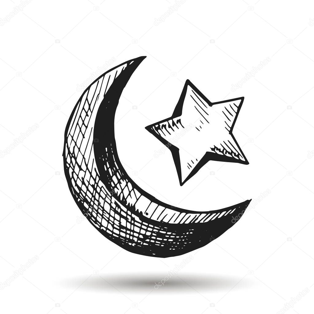 Arabic crescent with a star icon vector sketch. hand drawing.