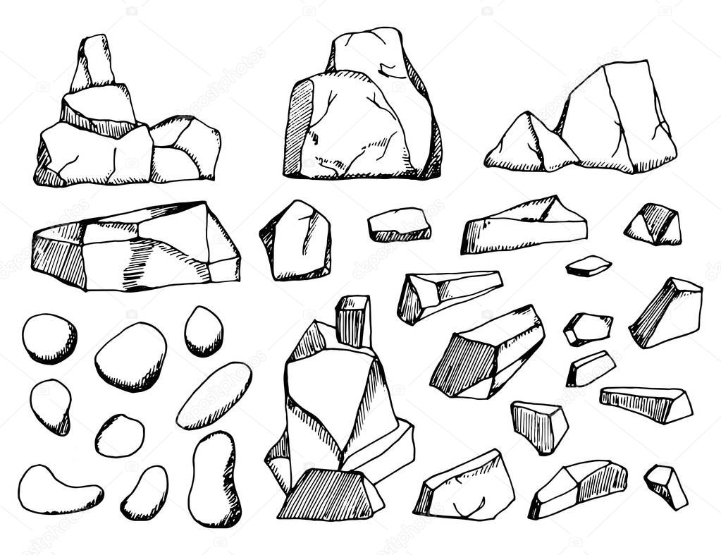 stones hand-drawn vector set. isolated sketches.