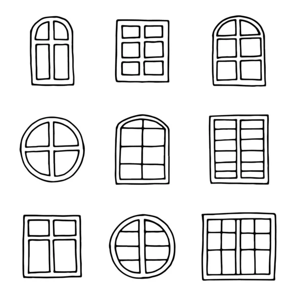 Conjunto Iconos Ventana Objeto Dibujo Mano Aislamiento — Vector de stock