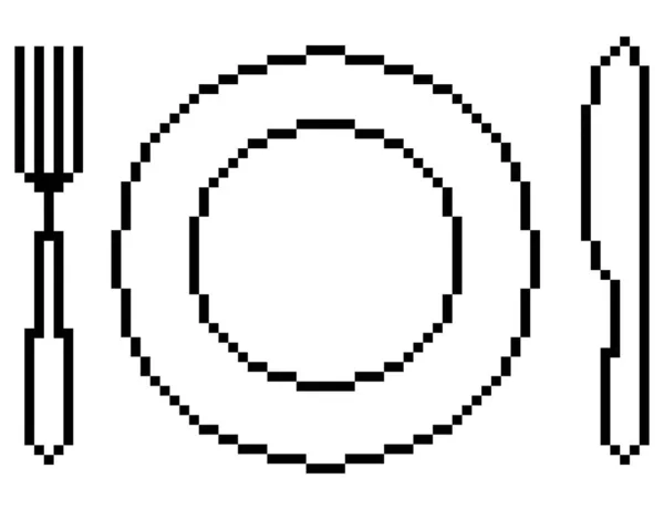 Векторная Пиксельная Картинка Столовые Приборы Изолированы Вилка Нож Тарелка — стоковый вектор