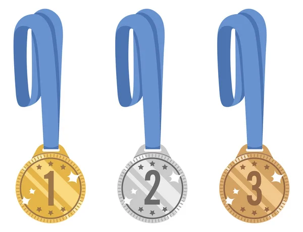Gold Silver Bronze Medals Shiny Vector Set Award Victory Blue — Stock Vector