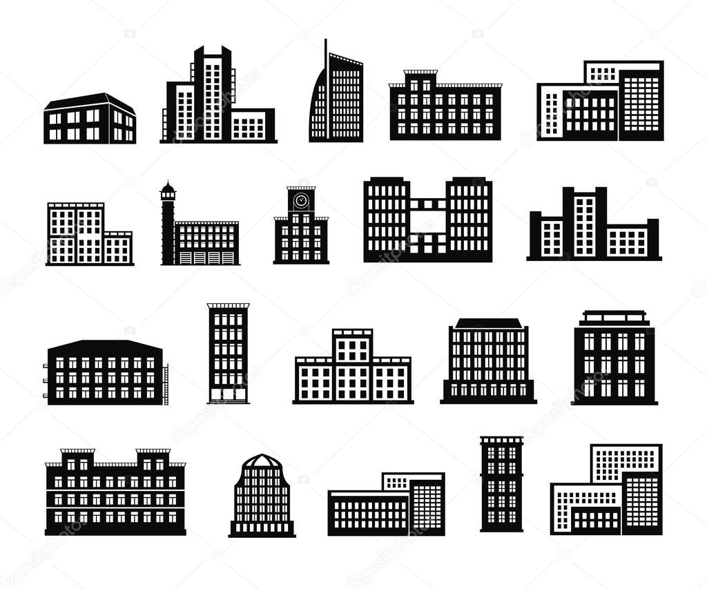 tall building icons set. black isolated.